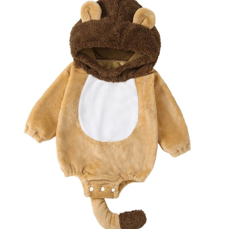 1 to 24 Months Baby Boys Girls Cartoon Bodysuit Animal Costume Flannel Role Play Hooded Long Sleeve Pajamas Jumpsuits