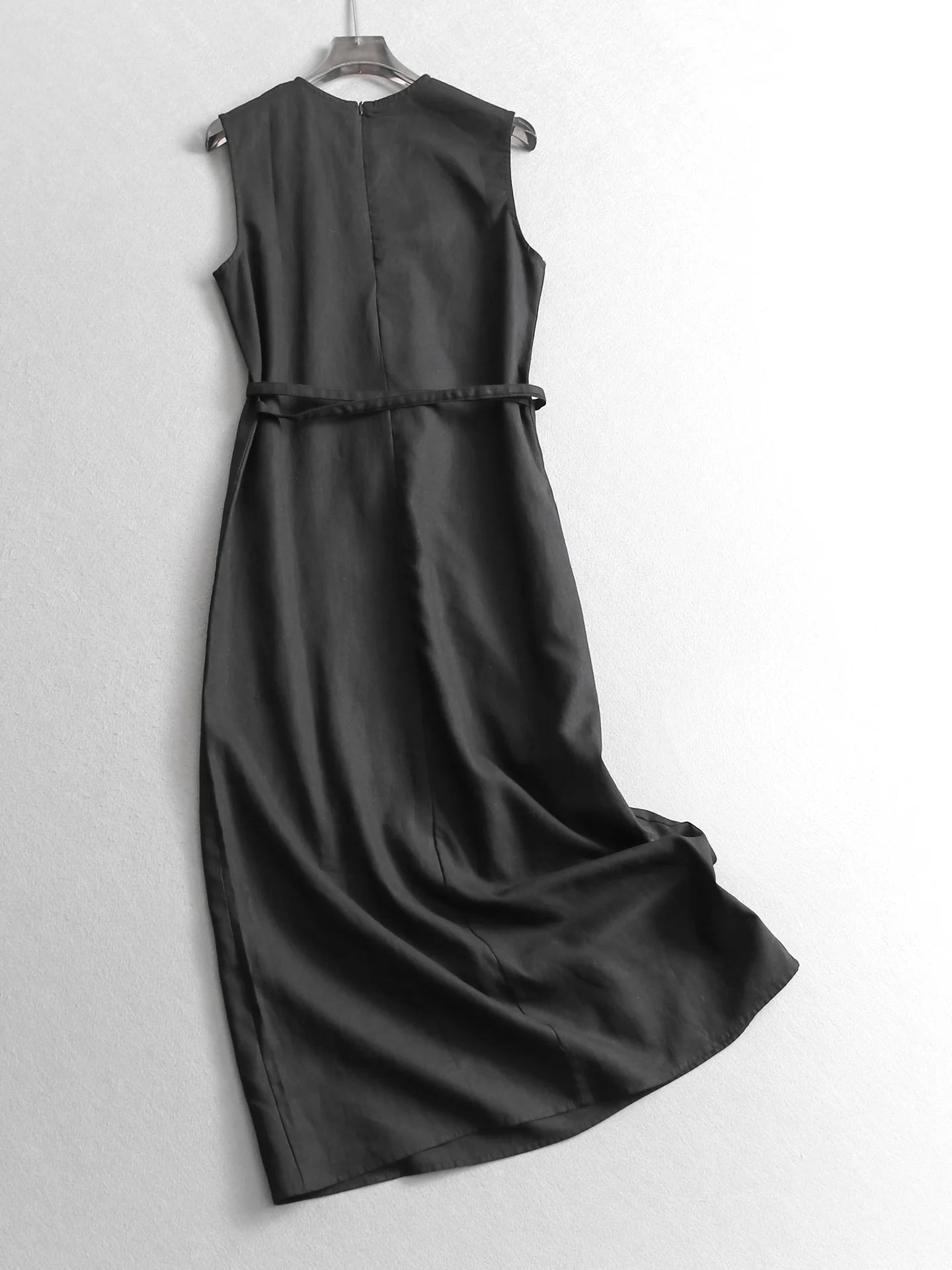 Mixed Cotton Linen Waist-Cinching Slim Fit round Neck Sleeveless Midi Dress Casual Breathable Comfortable Skin-friendly Summe...