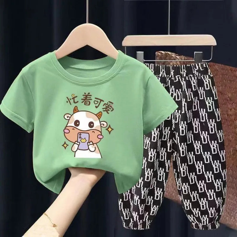 Mother Kids Set Summer 2pcs Clothes Children Boy Girl Clothes Sets Cute Clothing Cotton Short Sleeve Trousers T-shirt Pants Suit