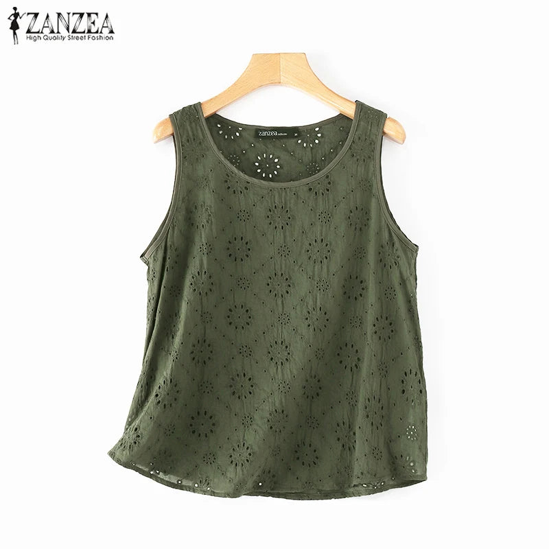 ZANZEA Women Summer Hollow Out Embroidery Tanks 2024 Fashion Vacation Casual Solid Color Tunic Tops Loose Sleeveless Blouses