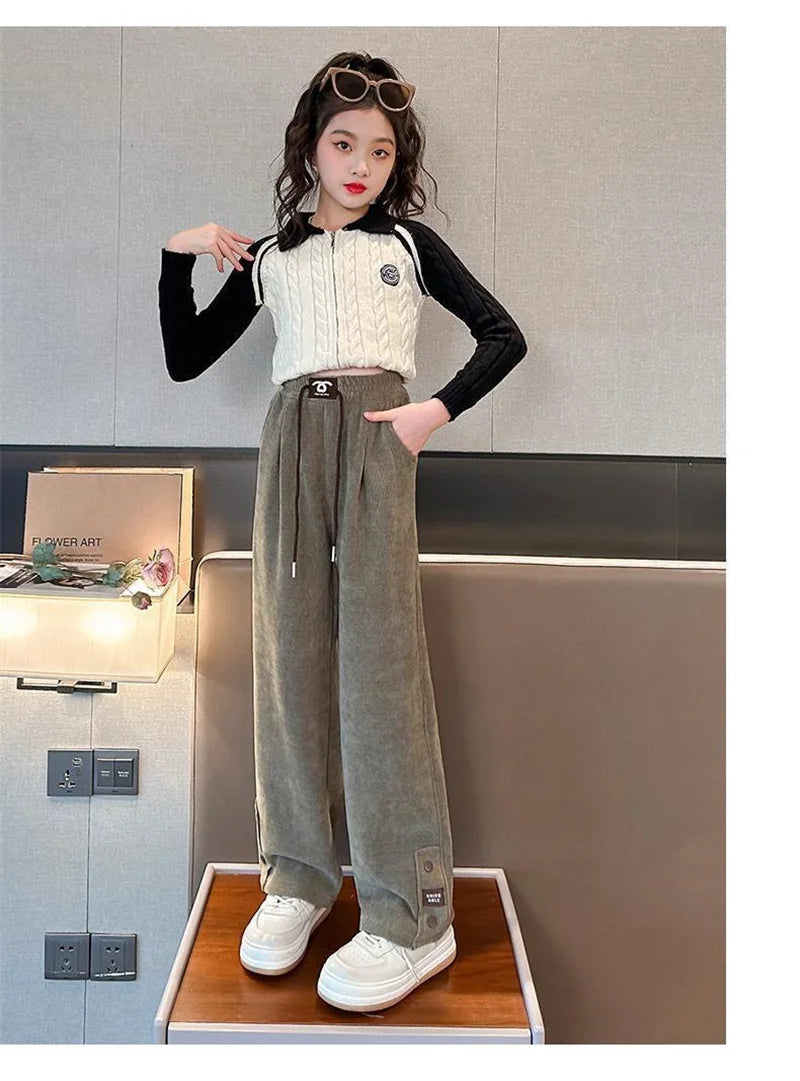 Girls Padded Wide-Legged Pants Kids Plus Velvet Warm Trousers Teen High Waist Streetwear Baggy Pant Children Loose Straight Pant