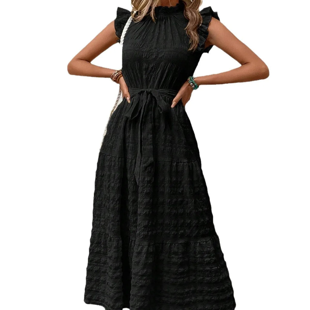 Fashion Women's Vintage Solid Ruffles Flying Sleeves Fresh And Sweet Midi Dress Summer Casual Lace Up Texture Womens Long Dress