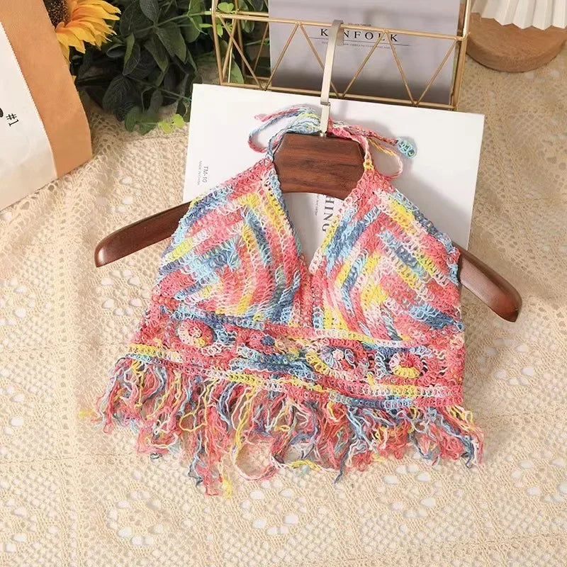 Crop Tops Retro Wild Hollow Perspective Tassel Sexy Spaghetti Strap Tanke Top Women Built In Bra 2021 New Back Lace Halter Neck