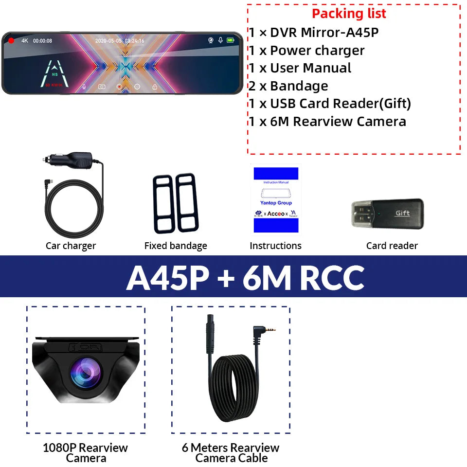 E-ACE Car DVR 24H Touch GPS Night Vision Connect Phone 12 Inch Record Sound Rear Camera 4K Dash Cam Optional Dual-Lens Black Box
