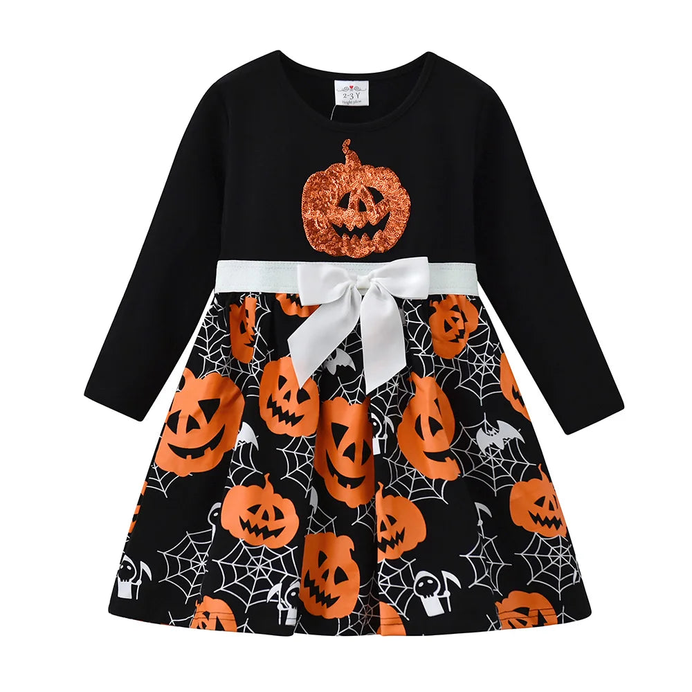 DXTON Girls Halloween Cosplay Dresses Kids Pumpkin New Year Kids Dress Party Costumes Children Clothing Kids Cobweb Vestidos
