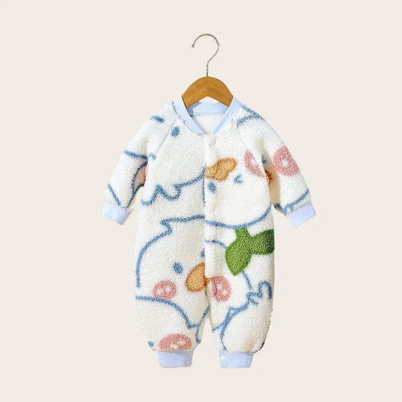 2026 Boys Girls Winter Spring Jumpsuit 0-24M Newborn Fleece Lined Long Sleeve Onesie Infant Cartoon Print Soft Warm Baby Romper