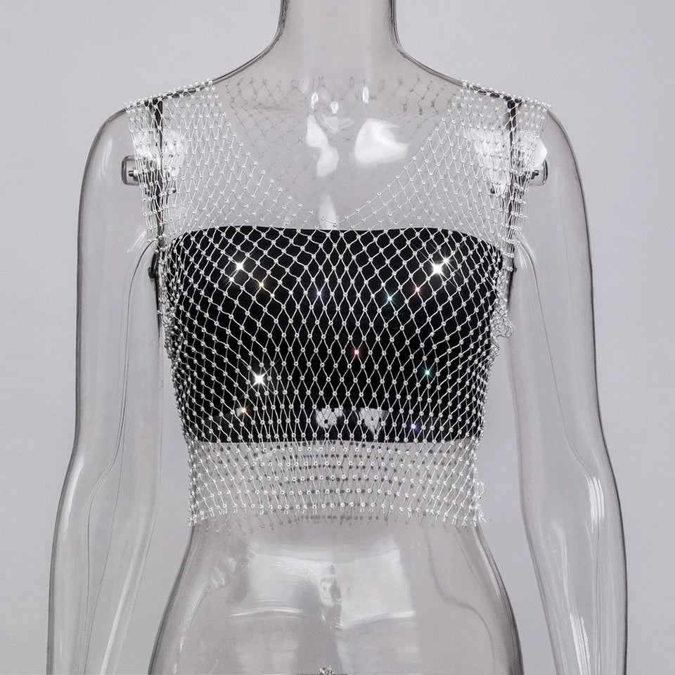 Women Sexy See Through Mesh Diamond Tank Tops Hollow Out Rhinestone Vest Beach Cover Up Crop Tops For Rave Festival Clubwear