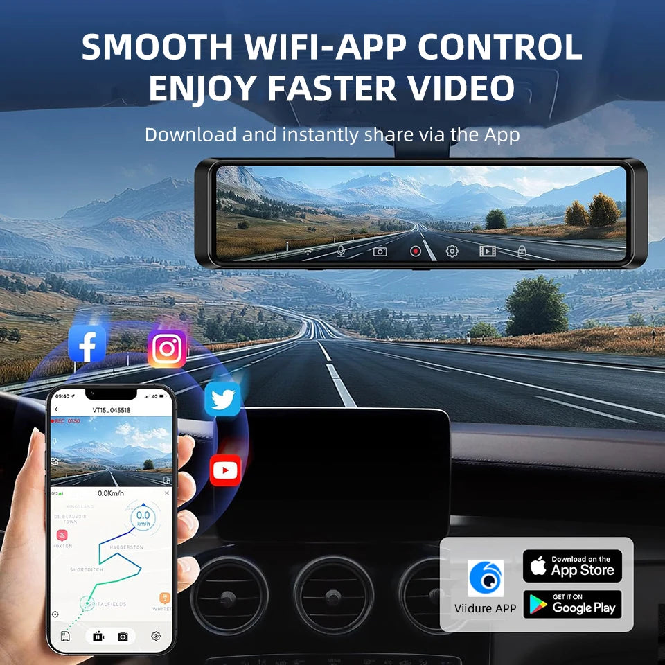 E-ACE Car DVR 24H Touch GPS Night Vision Connect Phone 12 Inch Record Sound Rear Camera 4K Dash Cam Optional Dual-Lens Black Box