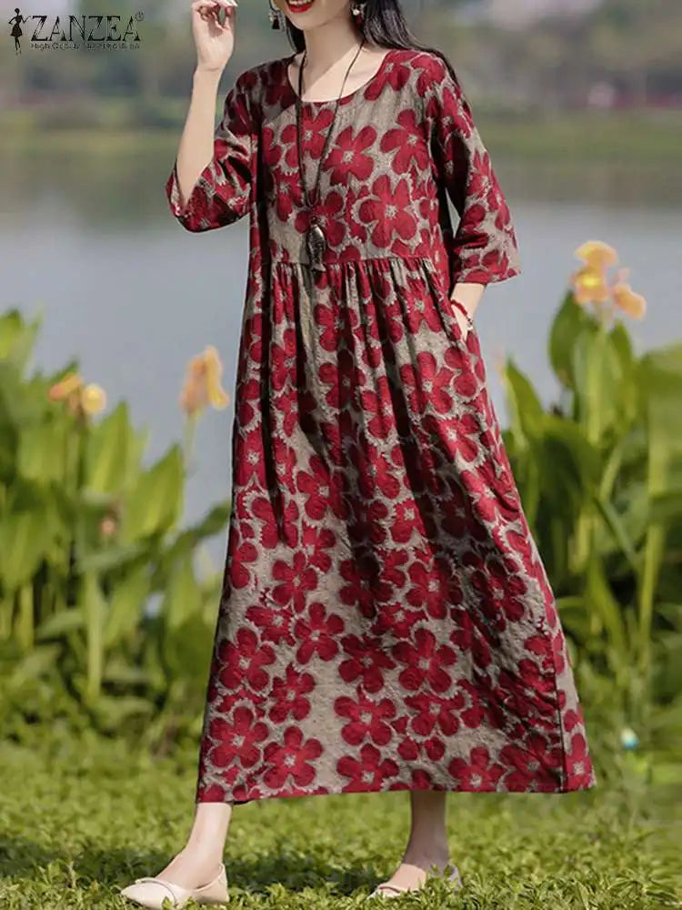 ZANZEA Vintage Floral Print Dresses Women Bohemian Long Dress Autumn Long Sleeve Maxi Sundress Stylish Holiday Robe Vestidos