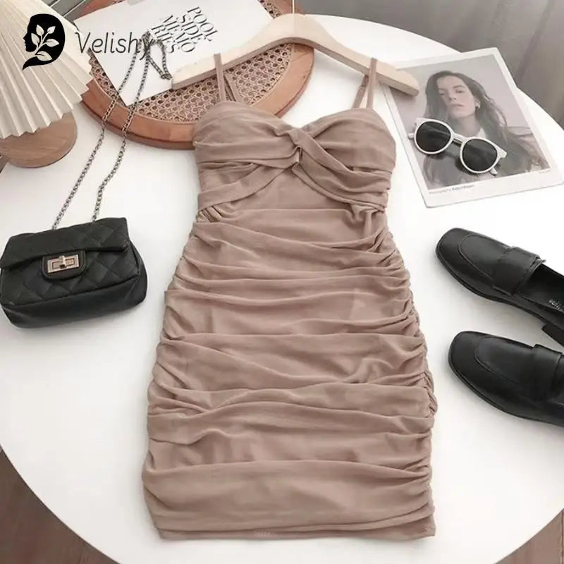 Dresses Women Sexy Club Shirring Design Summer Leisure Lady Mini  Straps Dress