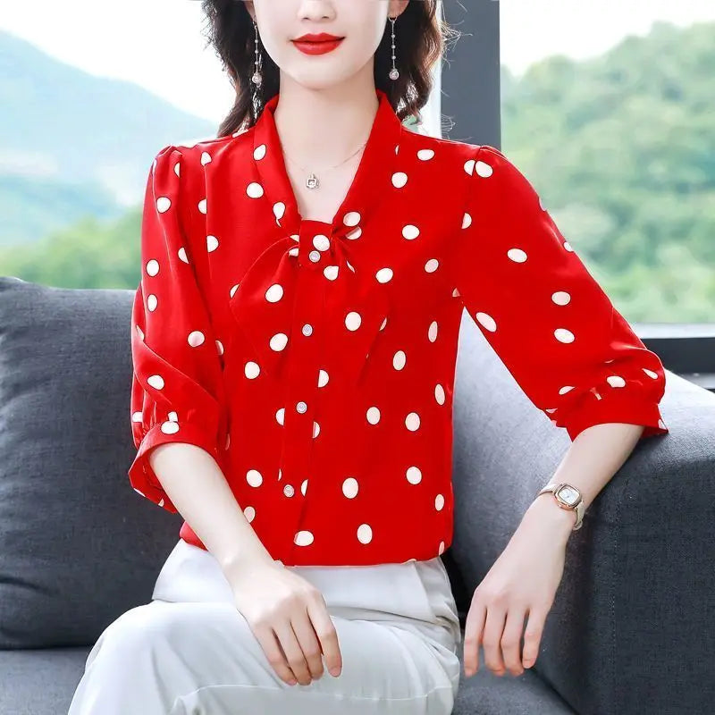 V-neck and Three-quarter Sleeve Middle-aged and Streamer Chiffon Slim and Versatile Age-reducing Fashion Thin Shirt