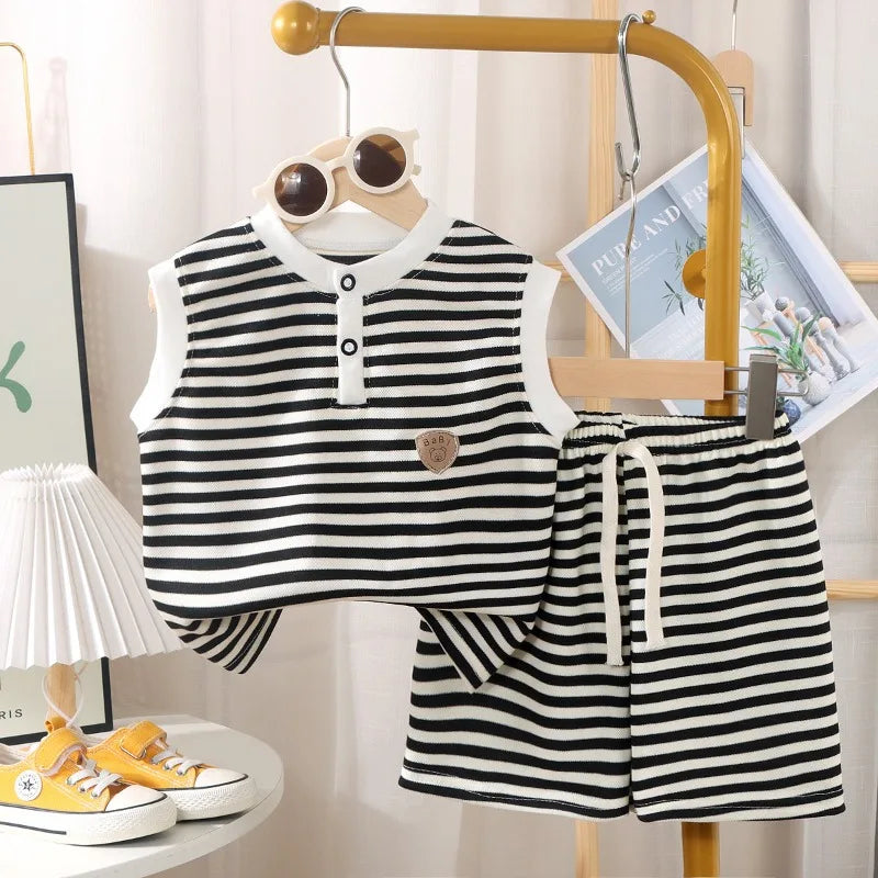 2025 New Baby Clothes Set Sleeveless Tee And Shorts 2pcs Boys Tracksuit Waffle Striped Toddler Girls Outwear