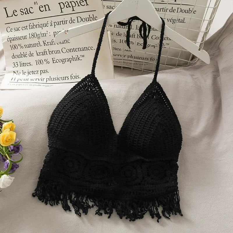 Crop Tops Retro Wild Hollow Perspective Tassel Sexy Spaghetti Strap Tanke Top Women Built In Bra 2021 New Back Lace Halter Neck