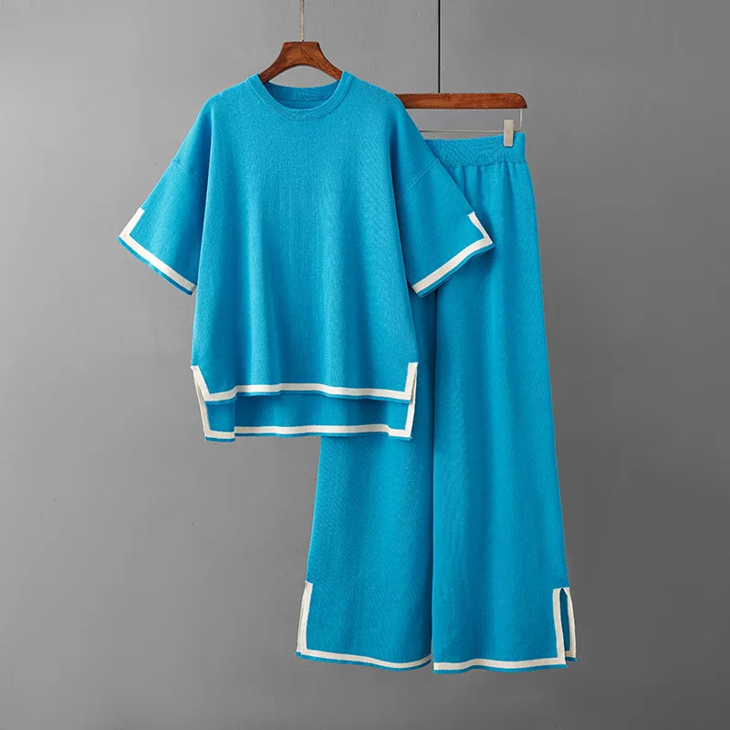Women Two Piece Set Knit Sweater Suit Short Sleeve Round Neck Tops Loose Wide Leg Pants Solid Splice Midi Waist Casual