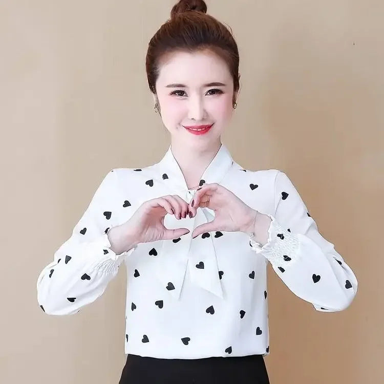 Shirts Women Printed Bow Long Sleeve Korean Style Chic Fashion Office Lady Elegant Vintage Casual Blouses Womens Daily Lovely