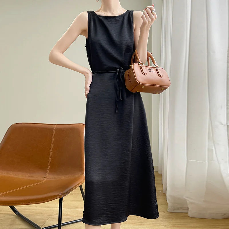 Summer 2024 Women's Sleeveless Vest Dress Korean Style Acetate Satin Long Skirt with Belt Tea Break Method Slimming Gown