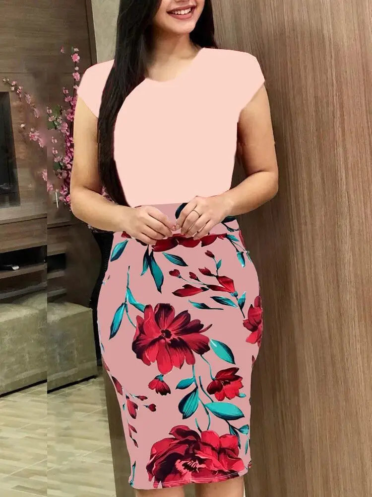 Summer Floral Color Blo Women's Dr Bodycon Maxi Skirt round Ne Single Piece Large Size Wi Hot S Cross-Border