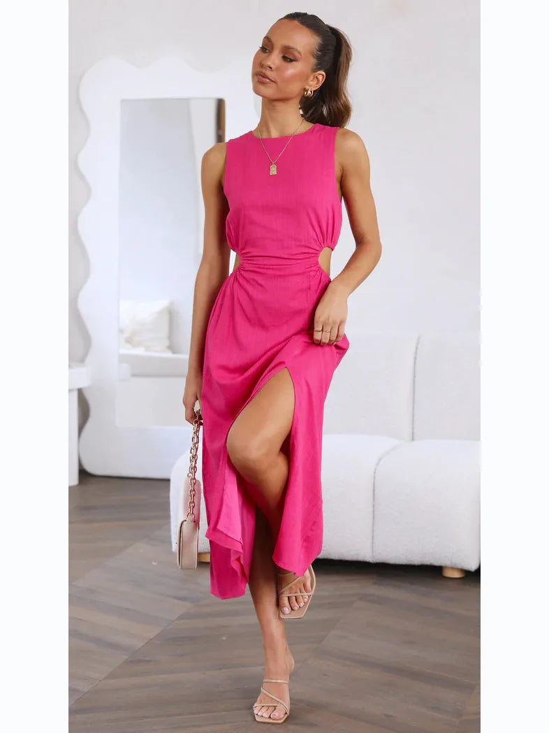 Sweet Style Women's Summer New Pure Color Waist-Cinching round Neck Fashion Dress Cleanfit A-line Skirt No-sleeve Cotton Dress