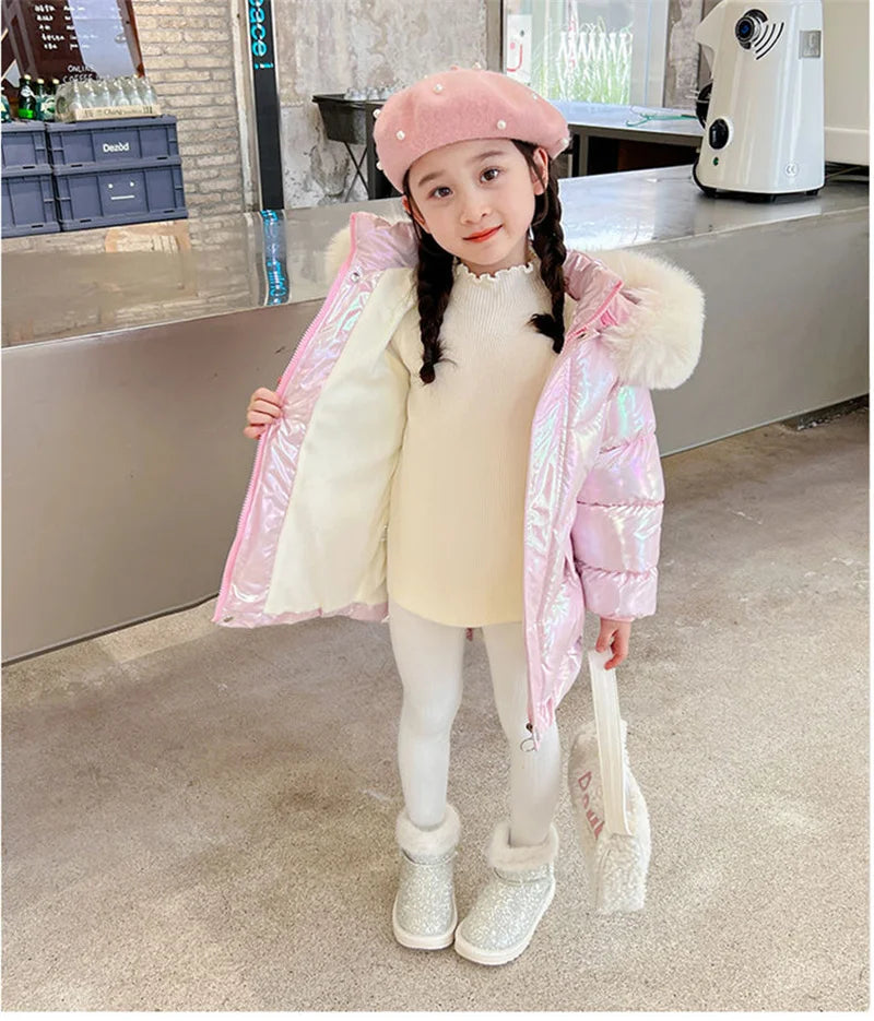 2026 Winter Coats Girls Warm Long Down Jackets Kids Fashion Unicorn Shiny Waterproof Parka Children Fur Collar Hooded Outerwear