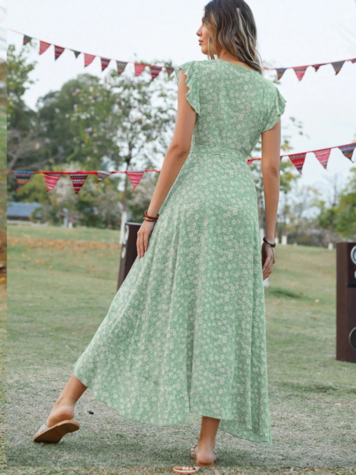 Bohemian Vacation Style Asymmetrical Short Sleeve Floral Cotton Silk Dress Waist Cinched  Wrap Long Skirt Summer