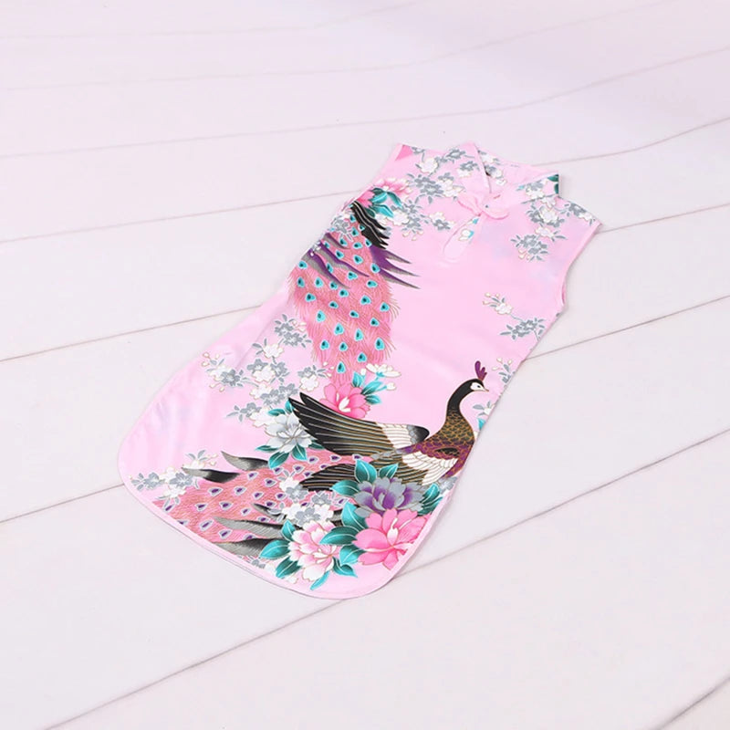 Cheongsam Dress Baby Girl Qipao Summer Clothes Peacock Sleeveless Slim Traditional Dress Child Girls Clothes Chinese Style