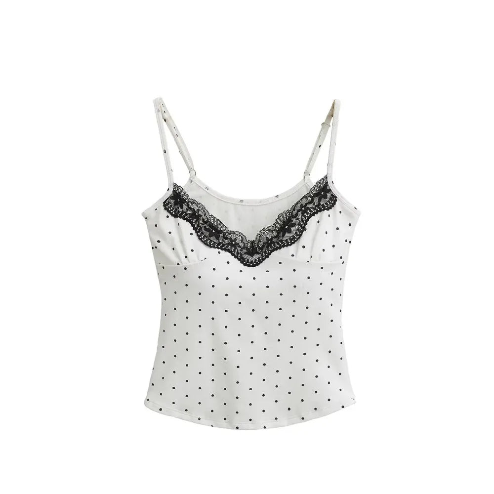 Lace Ruffled Dots Sling Vest Top Sleeveless Bottoming Shirt Camisole with Pads Tank Spicy Girl Style Y2K Slim Crop Top Summer
