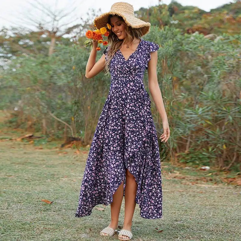 Bohemian Vacation Style Floral Print Wrap Dress with Belt High Waist Short Sleeve Long Skirt for Women in Their Late Twenties
