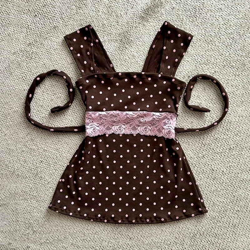 Women's Sweet and cute fairy tale style Y2K casual slim crop top polka dot kawaii bow lace all-match American Gothic cartoon top