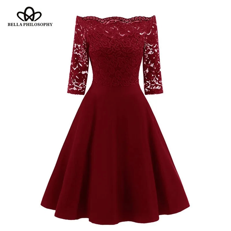 Bella Philosophy 2019 Autumn winter women Dress Women floral hollow out Party Dress Female short Sleeve slash empire party dress