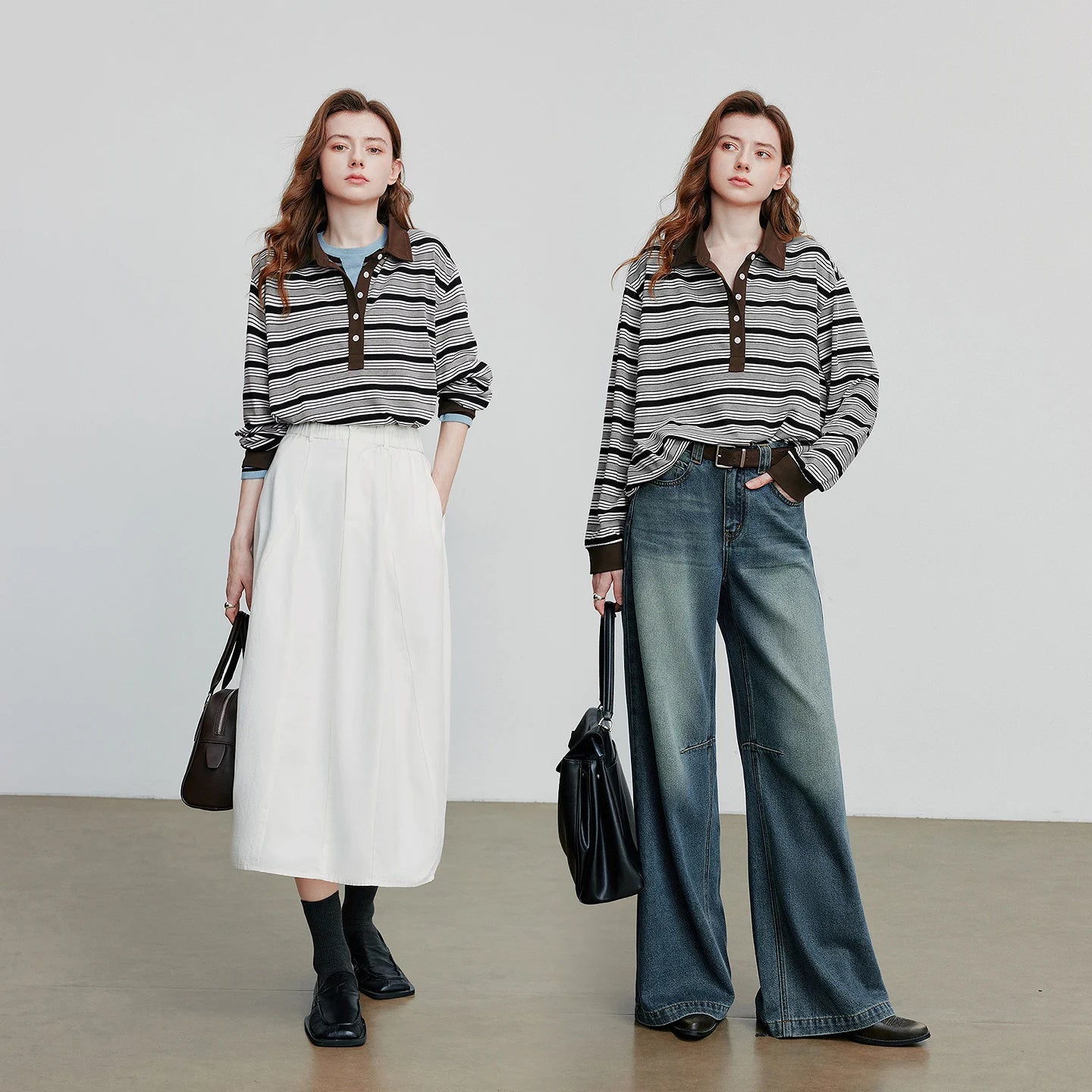 TOYOUTH Women Long Sleeve T-shirt 2025 Autumn New Striped Turn Down Collar Contrasting Casual Pullover Tops
