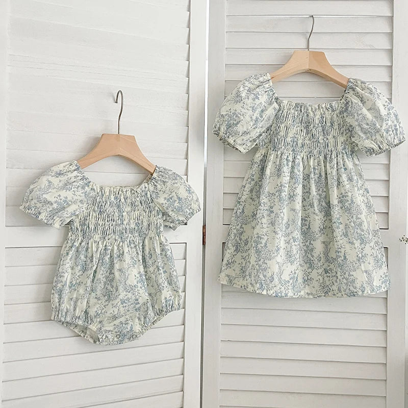 2024 New Summer Sisters Clothes Girls Princess Dress Toddler Baby Bodysuits Short Sleeved Cotton Print Kids Party Dress