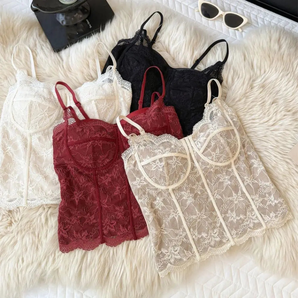 Chic Mesh Flower Slim Lace Crop Top Bottoming Shirt Sweet Girl's Vest Top Spicy Girls Style Summer Camisole with Pads Women