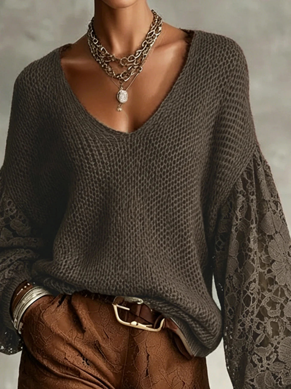 2026 New Arrival: Popular European and American Women's Fashion – Lace Openwork Bell-Sleeve V-Neck Knit Pullover