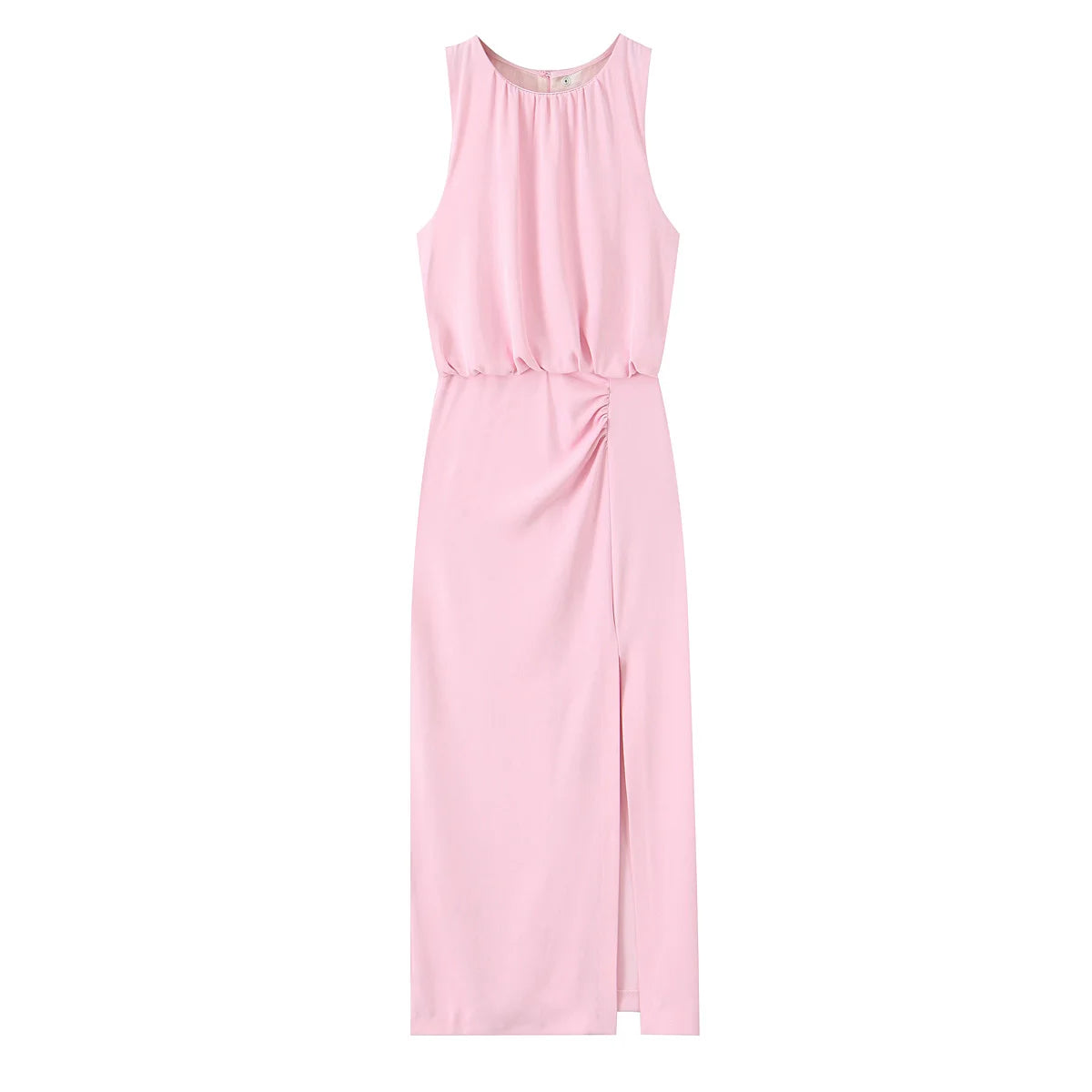 Ladies Solid O-Neck Midi Dress 2026 Summer Sleeveless Split Elegant Pleated Casual Vacation Dress New Fashion Lady Midi Dress