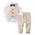 2026 Baby Boy Gentleman Suit Toddler Bow Tie White Shirt Vest+Pants Stripe Sets 3Pcs Formal Birthday Wedding Kids Party Clothes