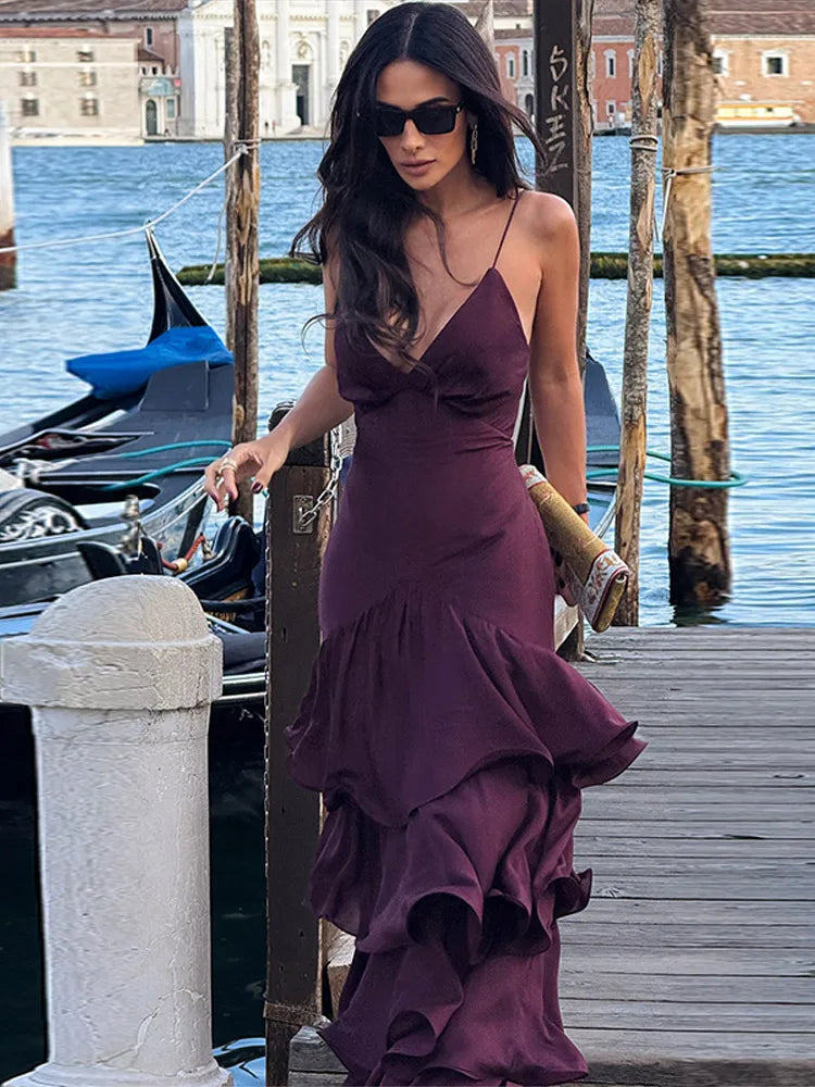 Sexy Ruffles Sling Long Cake Dress Women Sleeveless Backless V-neck Party Evening Dresses 2026 Summer Lady Slim Robes New