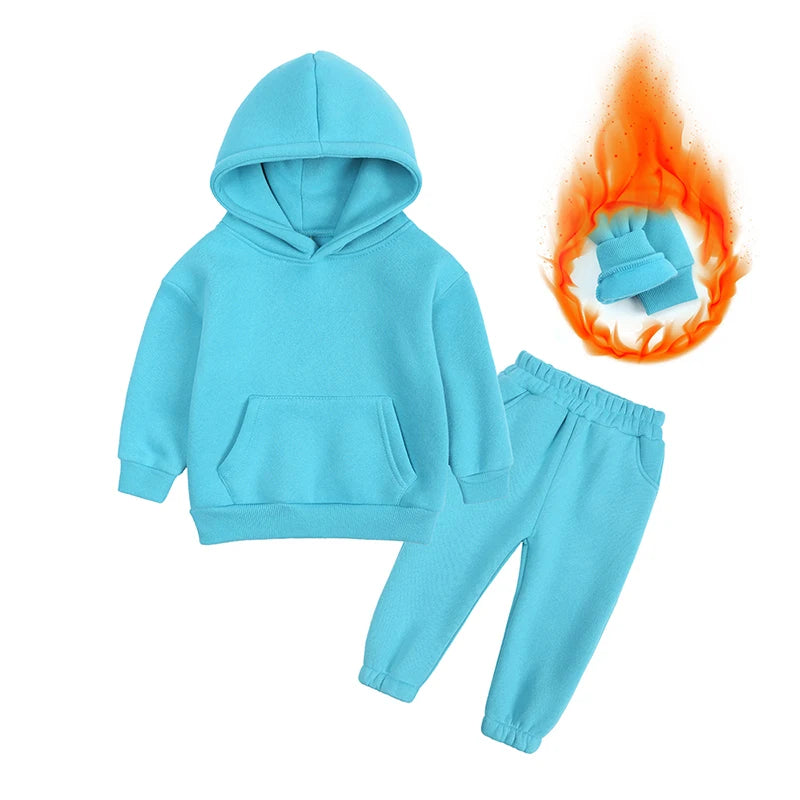 2026 Winter Children Fleece Outfits Toddler Warm Thicken Cotton Soild Hoodies+Pants Tracksuit Kids Boy Girl Sweatsuits Sets