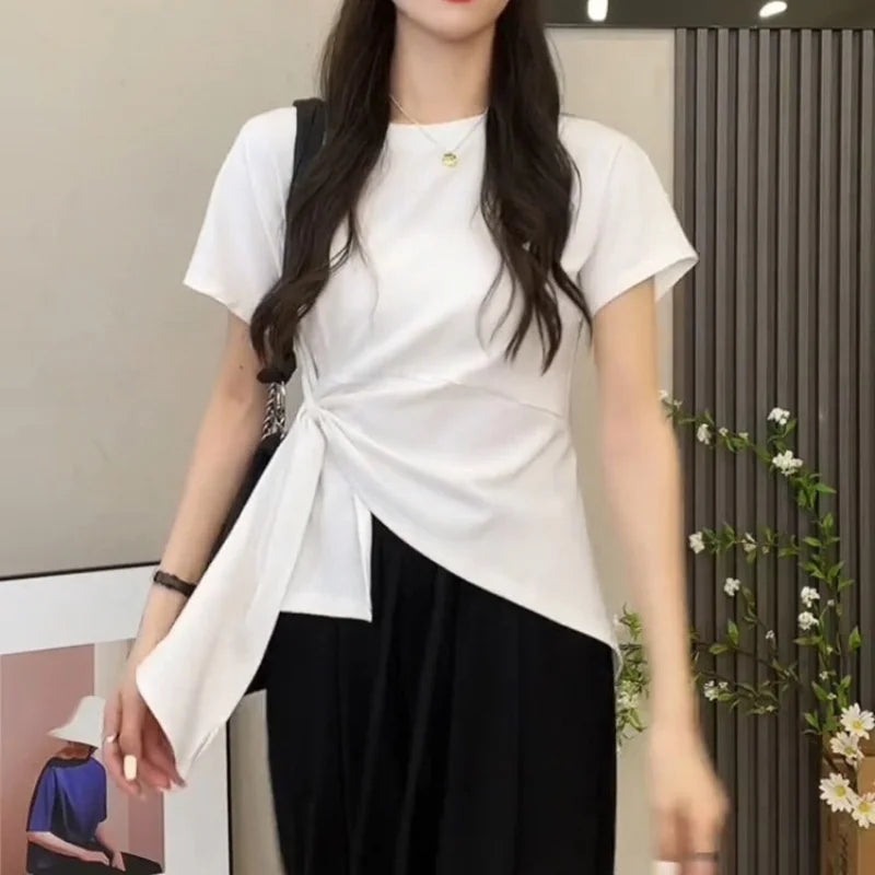 plus Size Women's Cotton T-Shirt Side Tie Waist Short Sleeve Asymmetrical Slit Summer Slimming Top Korean Style Casual Wear