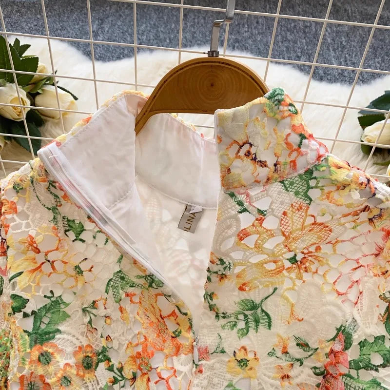 2025 New Dresses Women French Strap Waist High Neck Bubble Sleeve Hollow Hook Flower Lace A-line Short Vestidos
