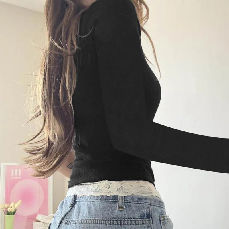 French Pure Color Lace Splice Slim Fit Long Sleeve Short T-Shirt Sexy Fake Two-Piece Top for Women