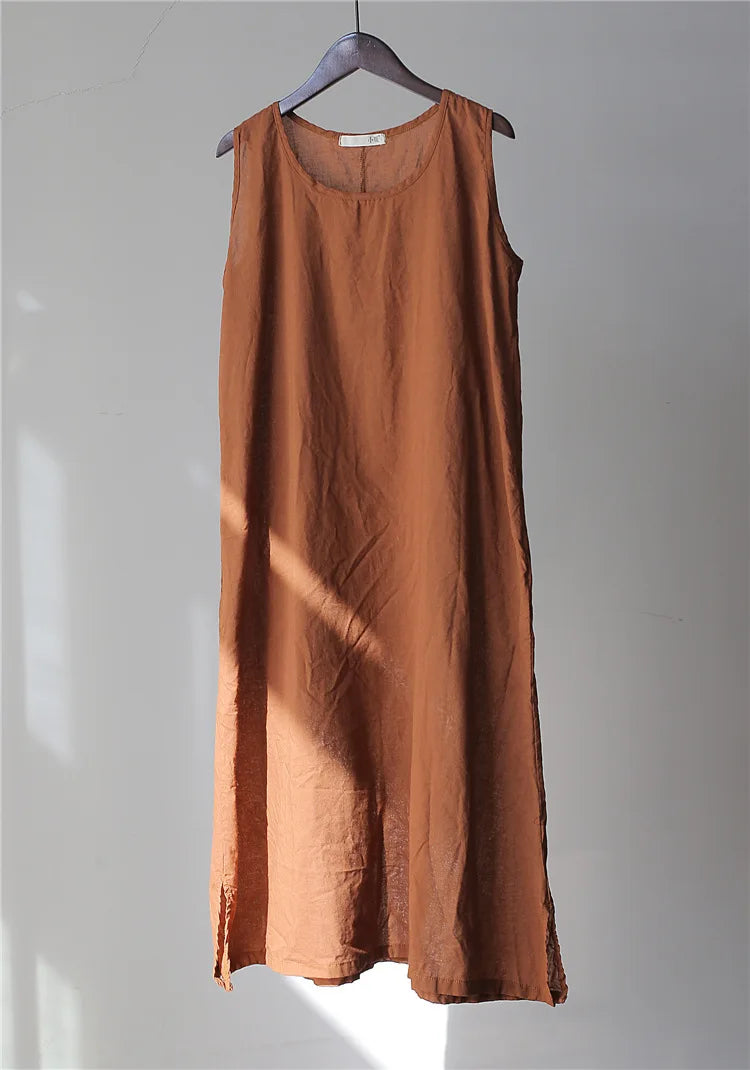 Johnature 2025 Summer 5 Colors Vintage Loose Dress Women Sleeveless Solid Color O-neck Thin Simple Render Comfortable Dress New