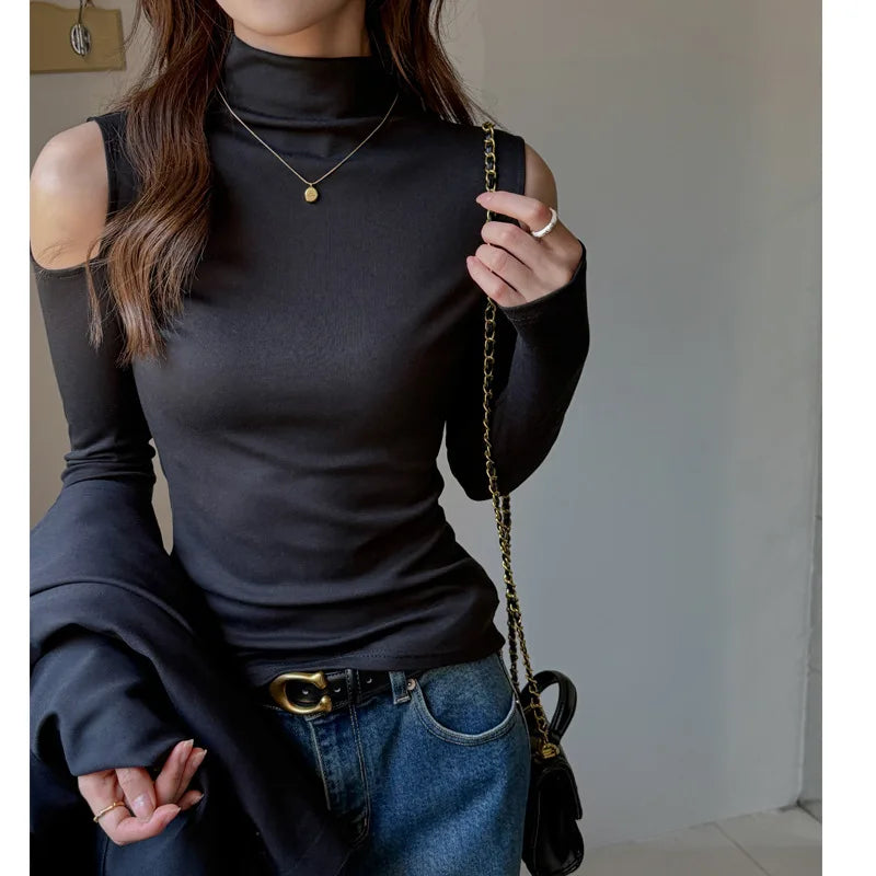 2025 TikTok Trendy Lyocell Top Women Long Sleeve Off Shoulder Sexy Semi-Turtleneck Y2K Elegant Casual Wear